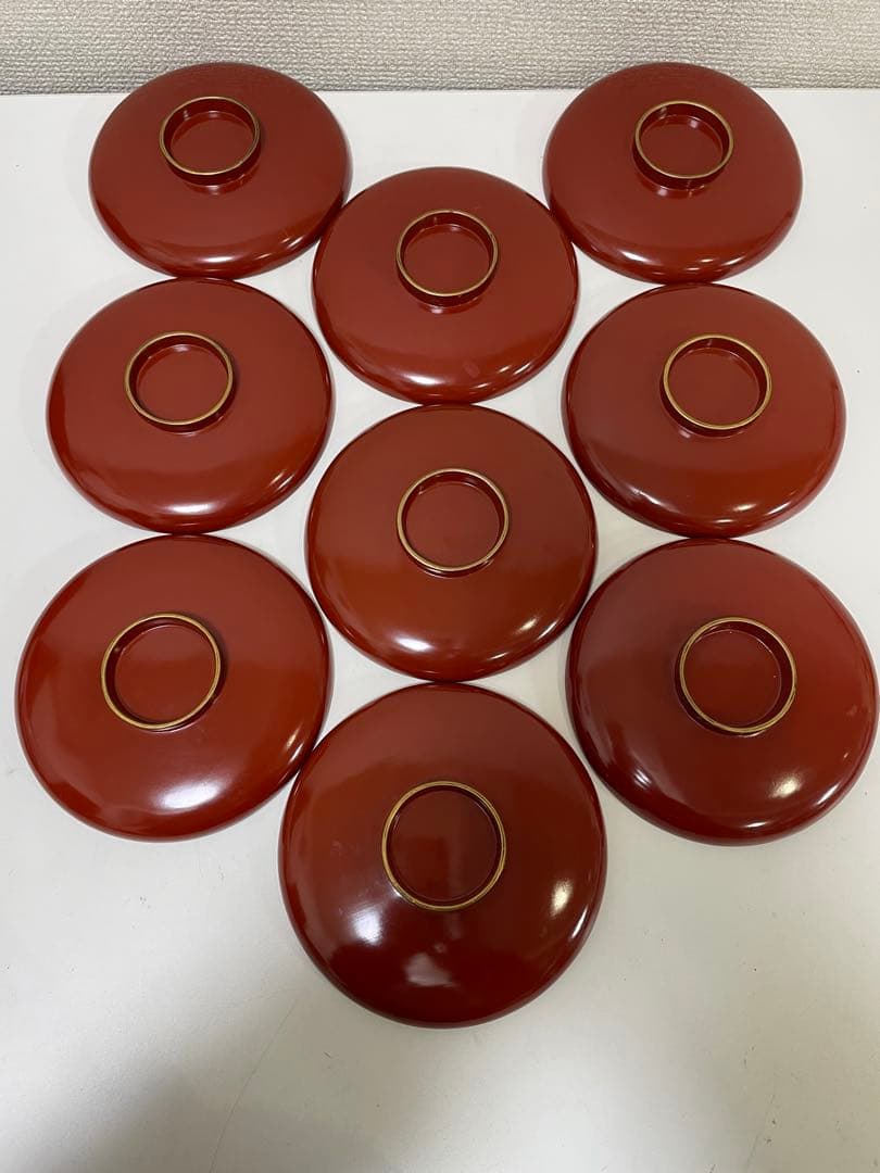 【現状品】漆器 輪島塗 金彩 朱塗 底黒塗 蓋付き椀 割烹 煮物椀 9個 ①