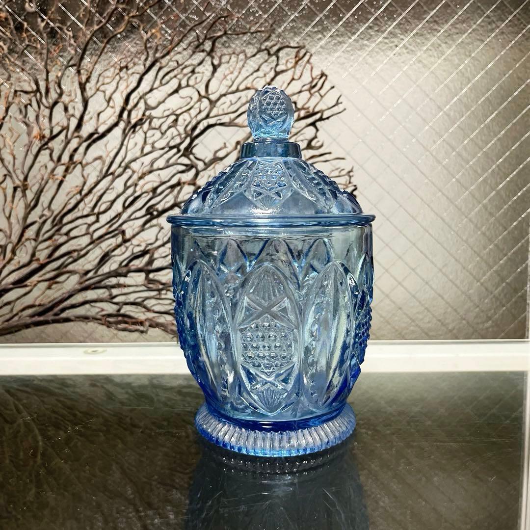 骨董　時代ガラス　希少　瓜型　切子調プレス　紫陽花ブルー　飴屋瓶　菓子瓶　ウラン