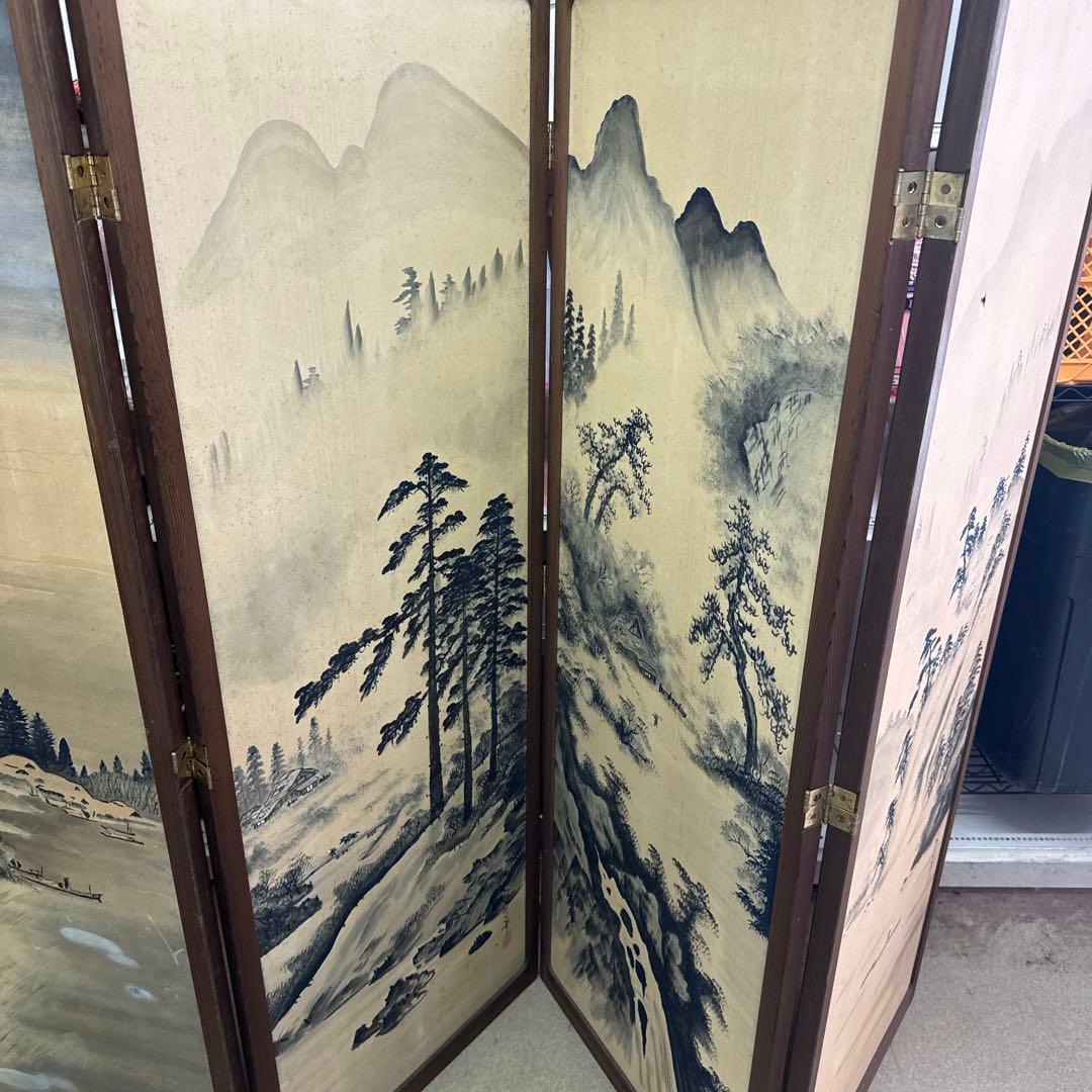 山水画風 山水屏風　墨絵　水墨画　山水画　屏風　アンティーク　当時物　レトロ