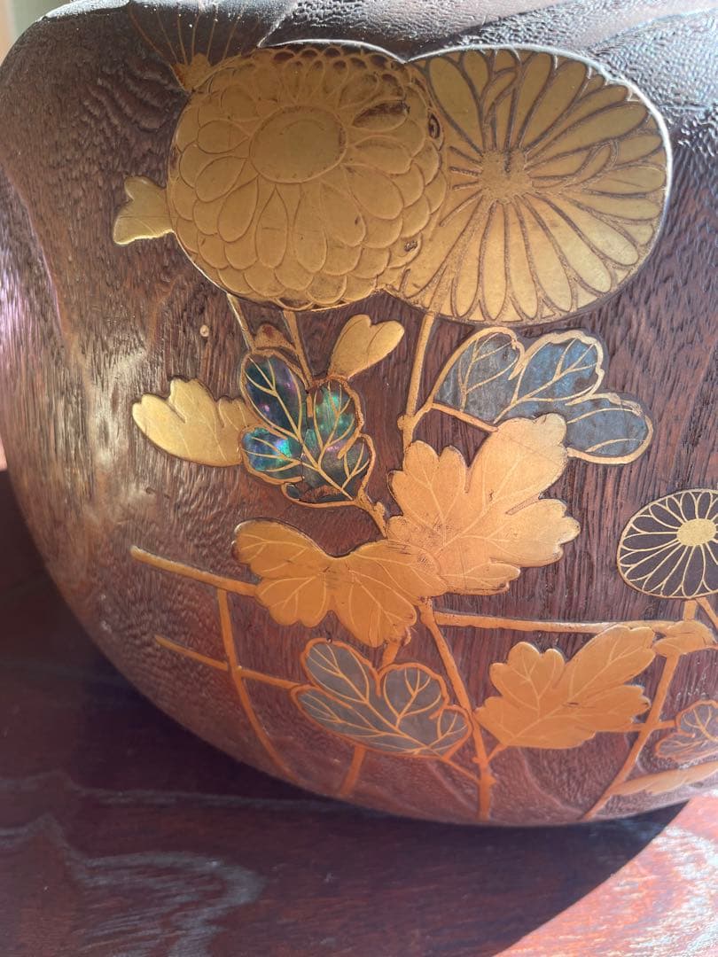 希少　木製火鉢 金箔装飾 花柄デザイン　１００年前　骨董品
