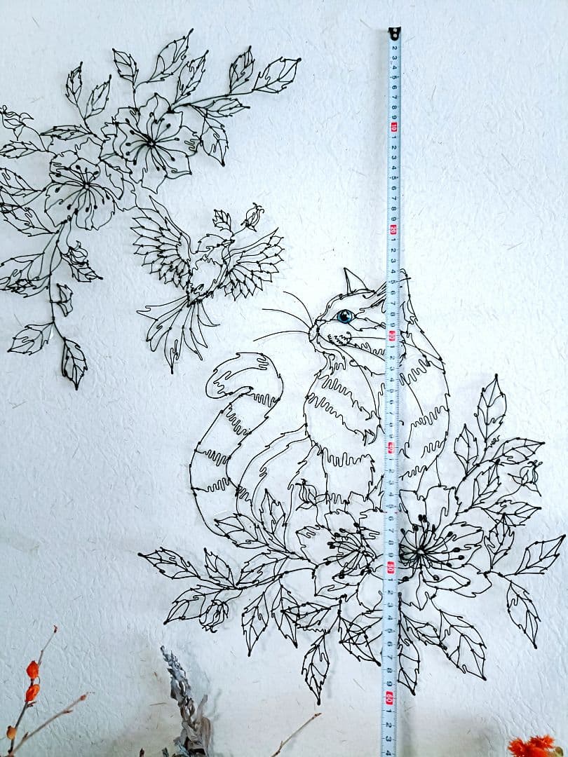 猫　小鳥　花 ワイヤークラフト　アート　壁掛け