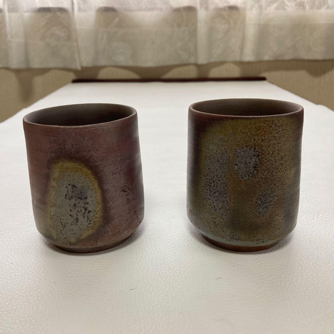 備前焼 湯呑み 茶器 カップ 2点 陶器 陶芸 和風 工芸品 レトロ