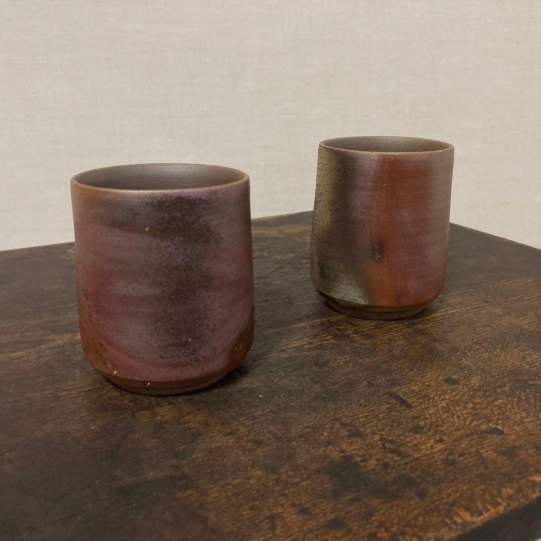 備前焼 湯呑み 茶器 カップ 2点 陶器 陶芸 和風 工芸品 レトロ