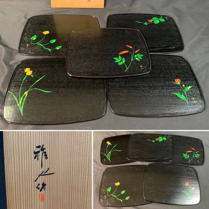 D570 送料無料　折衷膳　5客セット　草花　御膳　盆　在銘　共箱　木製