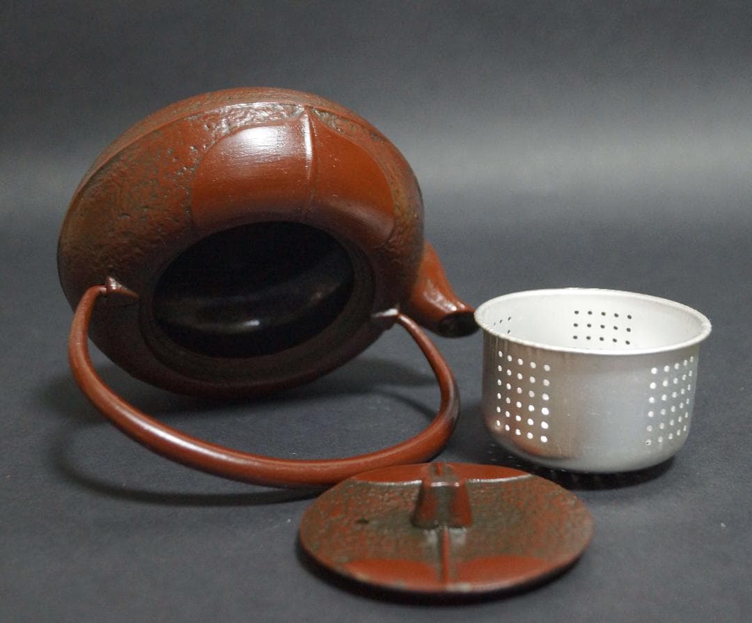 茶道具 南部鉄器 岩鋳 柿の葉 急須 鉄瓶 柿葉 赤茶仕上げ 保管品 伝統工芸★