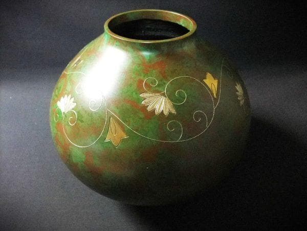 青銅花瓶 峰雲作 高岡銅器 沈金銀 鋳銅花瓶 花瓶 花生 共箱