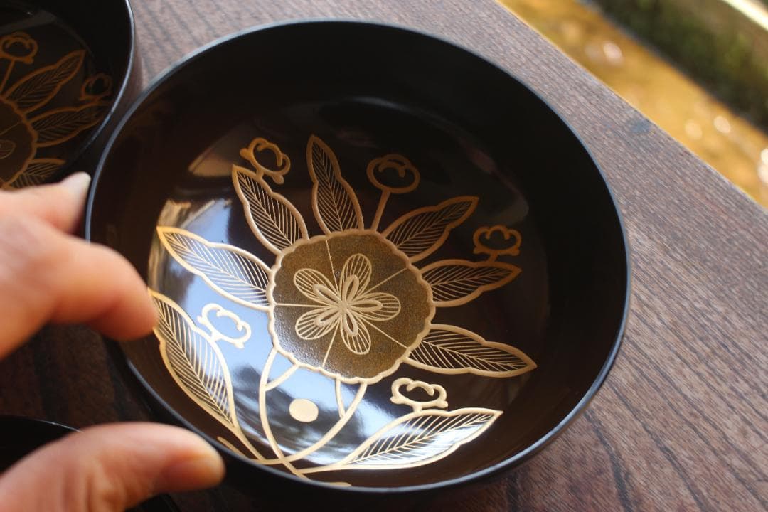 デッドストック！時代黒漆に極上木芙蓉蒔絵の映えるお椀2点（検輪島塗煮物椀懐石椀