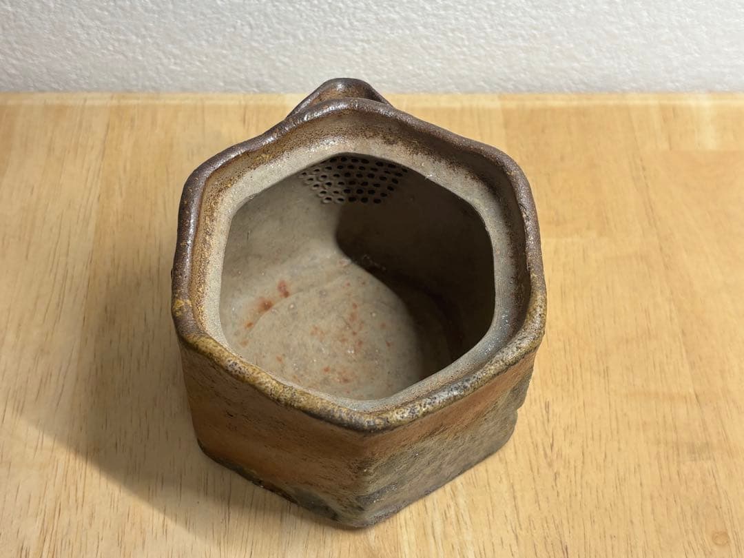 112. 備前焼 宝瓶 登り窯 白梅 6角 手びねり 急須