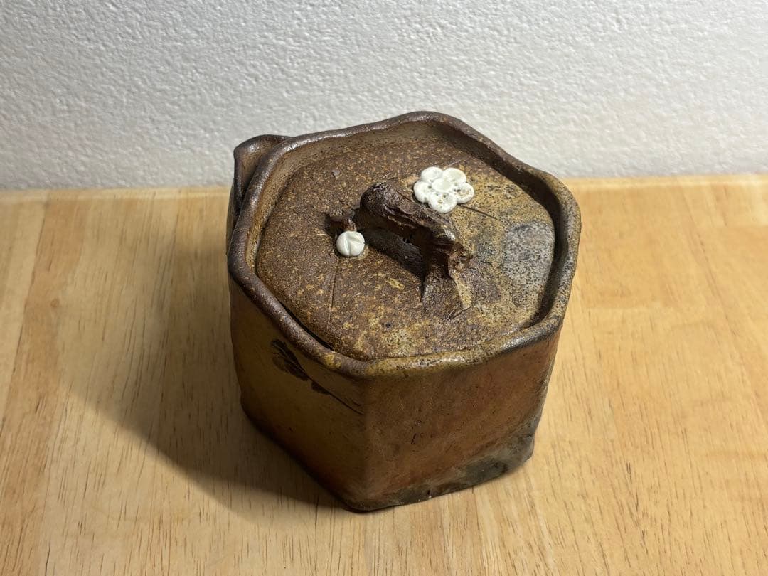 112. 備前焼 宝瓶 登り窯 白梅 6角 手びねり 急須