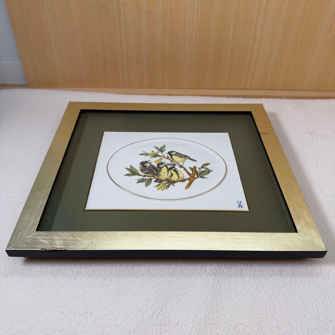 Meissen マイセン 陶板画 小鳥　陶板 画 小鳥 額 付き鳥 花 絵