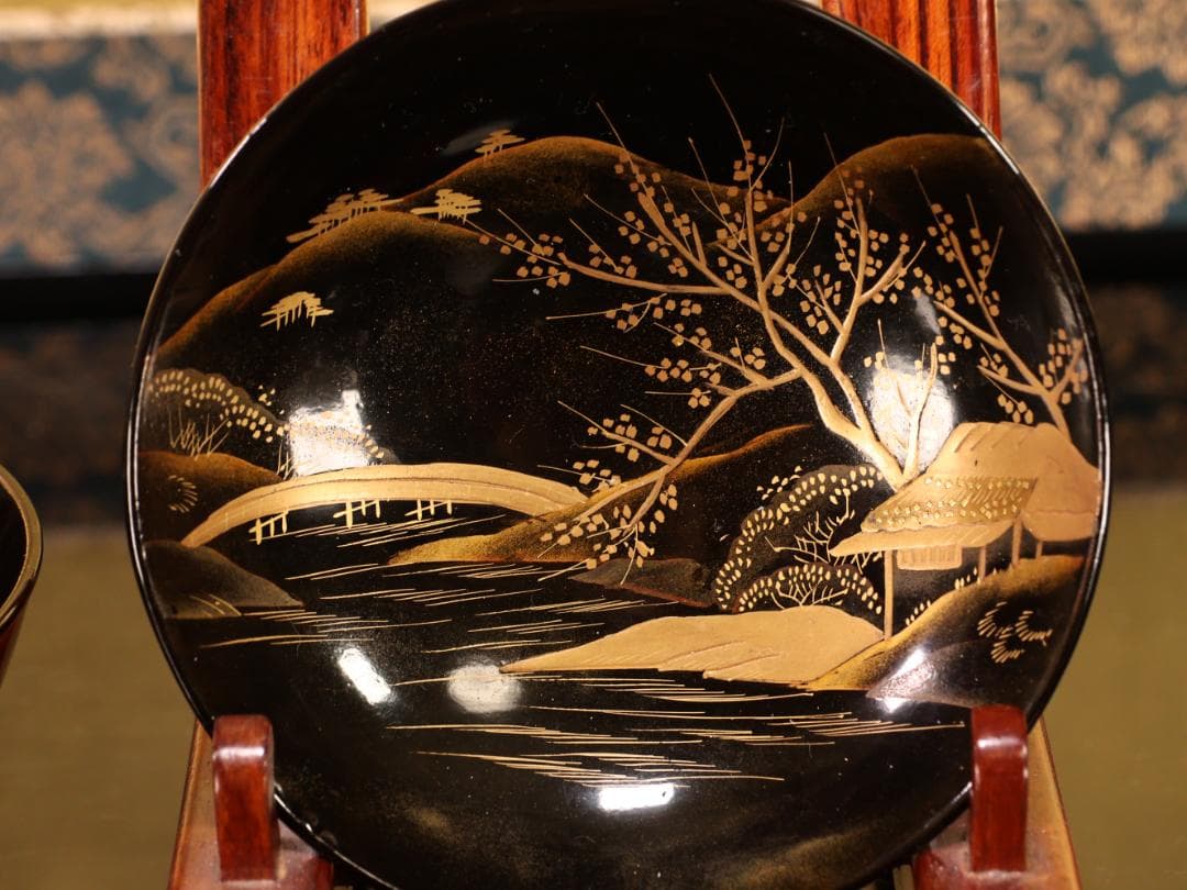 BK529　時代輪島塗　日本名所蒔絵　槻木地溜塗　吸物椀　絵違い　拾客　欅　共箱