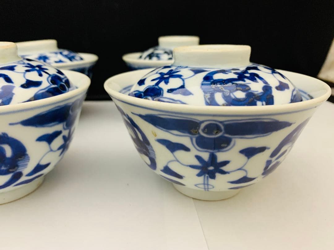 蓋付茶碗　飯茶碗　6客+碗のみ1点　時代染付