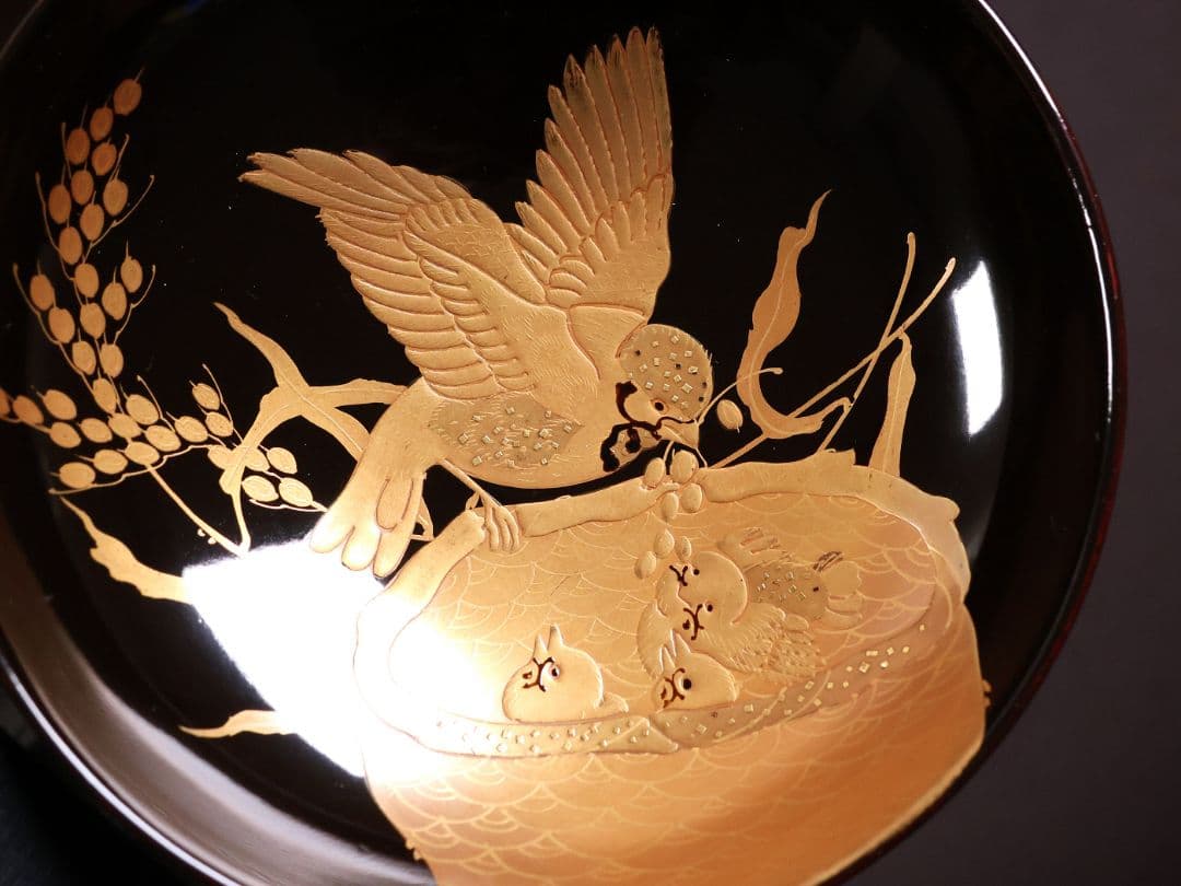 【CM459】天然木漆塗 親子雀と稲穂金蒔絵 黒椀 三客 大正昭和 漆芸 漆器