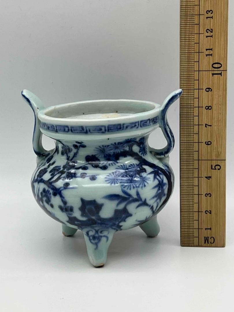 明時代　染付　青花松竹梅三清図　三足香炉　【旧家蔵出し】(F-104)