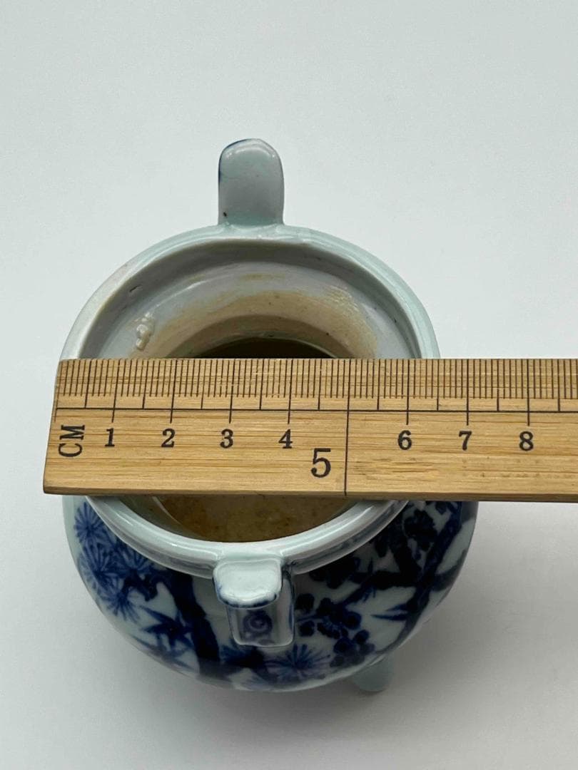 明時代　染付　青花松竹梅三清図　三足香炉　【旧家蔵出し】(F-104)
