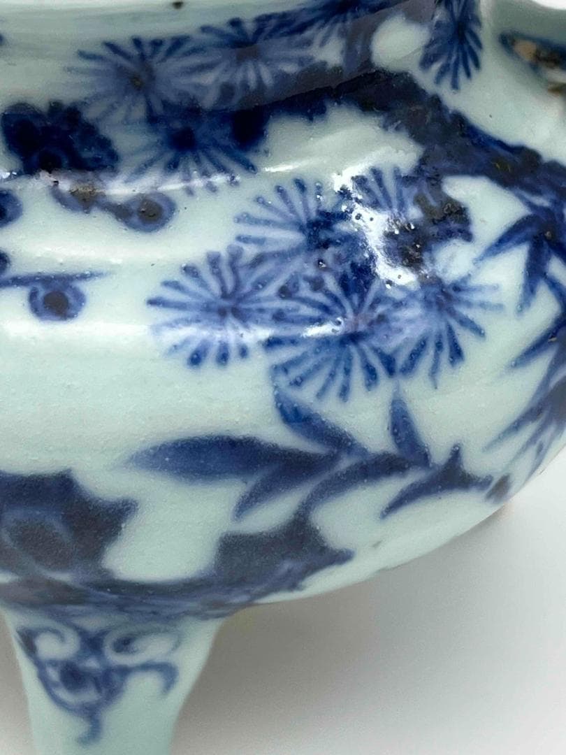 明時代　染付　青花松竹梅三清図　三足香炉　【旧家蔵出し】(F-104)