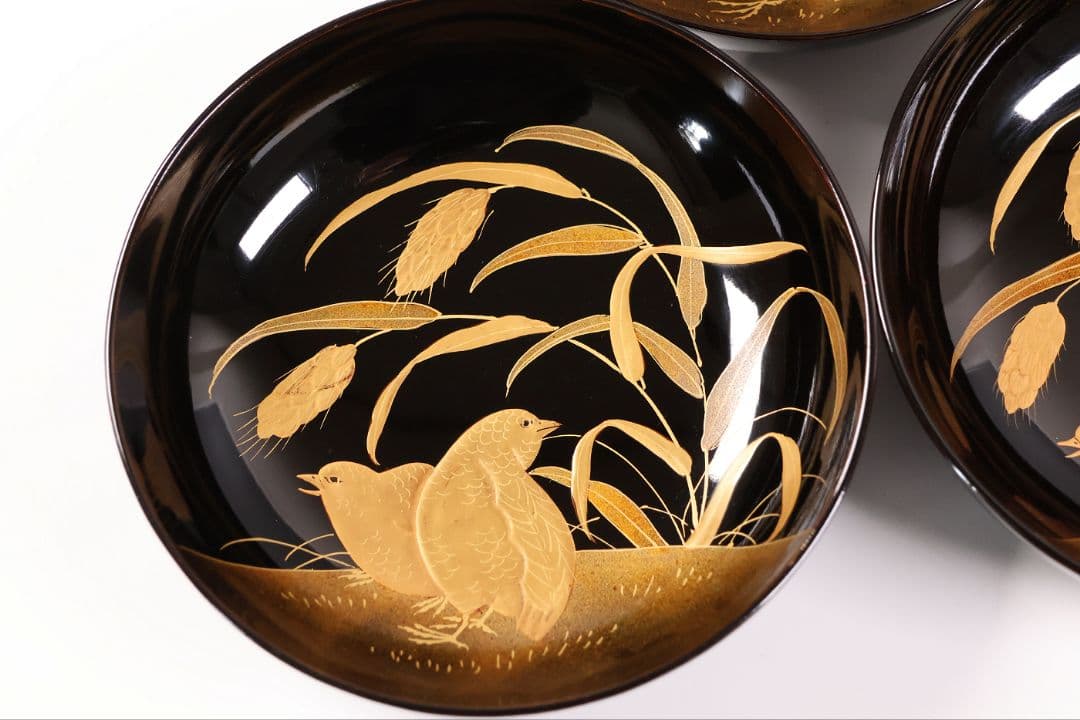 【CM441】輪島塗 天然木漆塗 粟穂鶉金蒔絵 黒塗椀 三客 鳥 漆芸 木製漆器