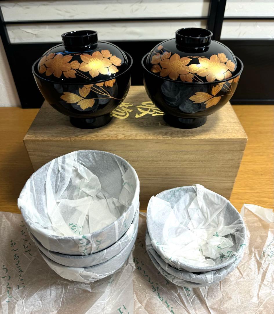 570総桐箱　本漆仕上　蓋付御吸物椀　己造作　五客組　未使用品　共箱