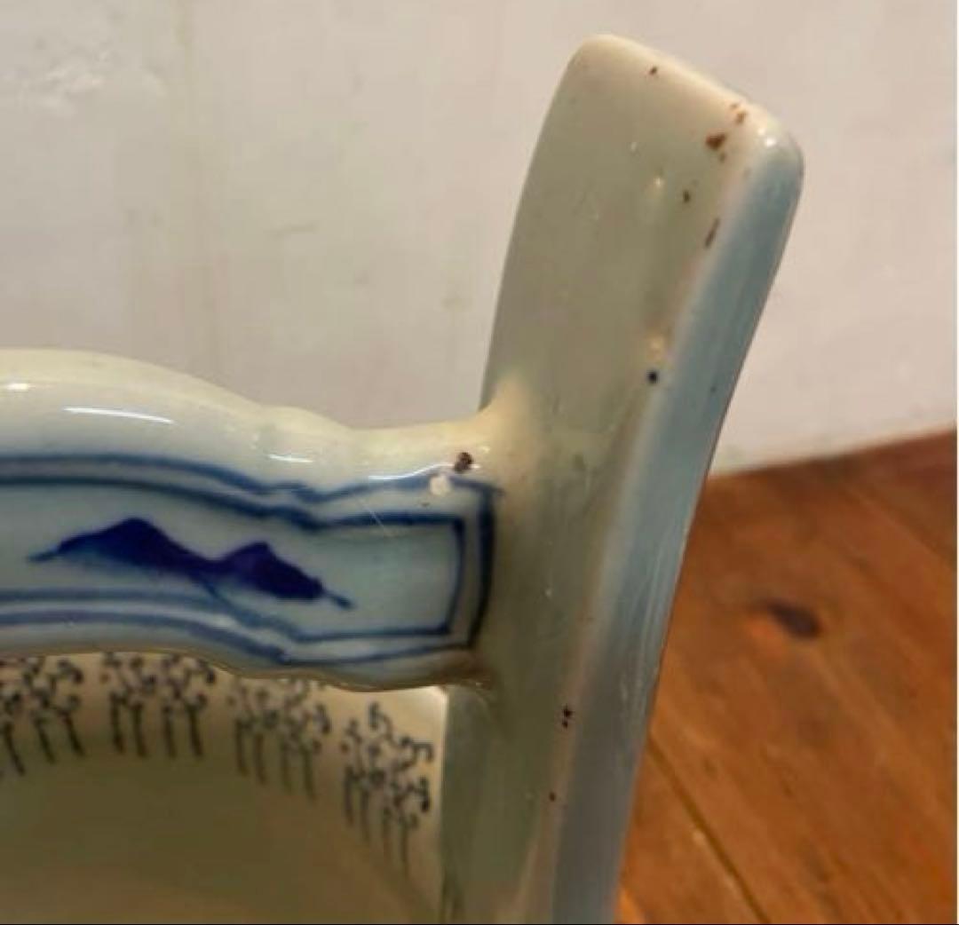 美品　陶器　時代物　染付　山水画　文手桶　花入　当時物　古道具