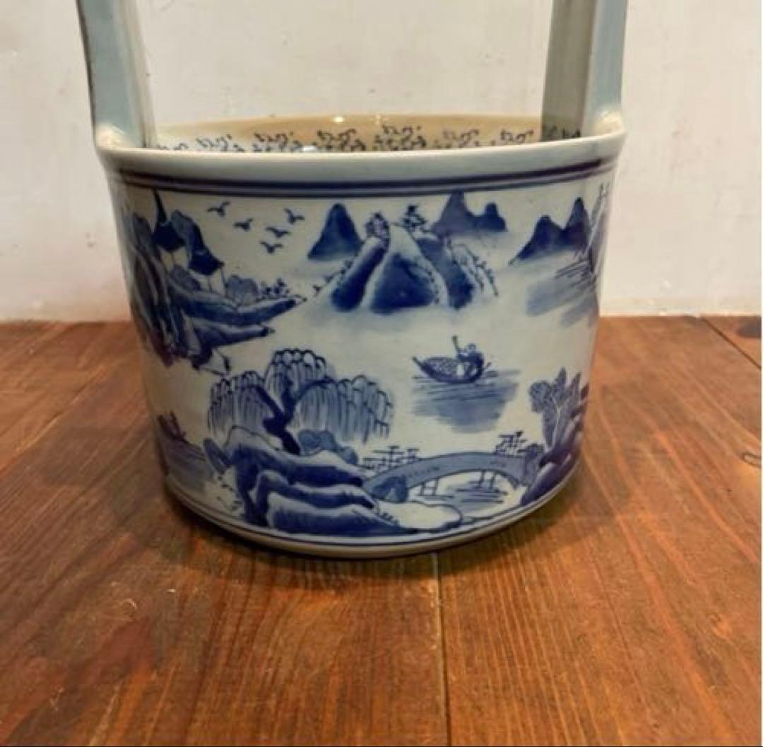 美品　陶器　時代物　染付　山水画　文手桶　花入　当時物　古道具