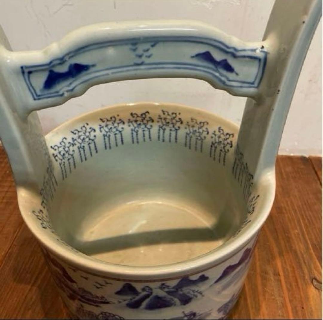 美品　陶器　時代物　染付　山水画　文手桶　花入　当時物　古道具