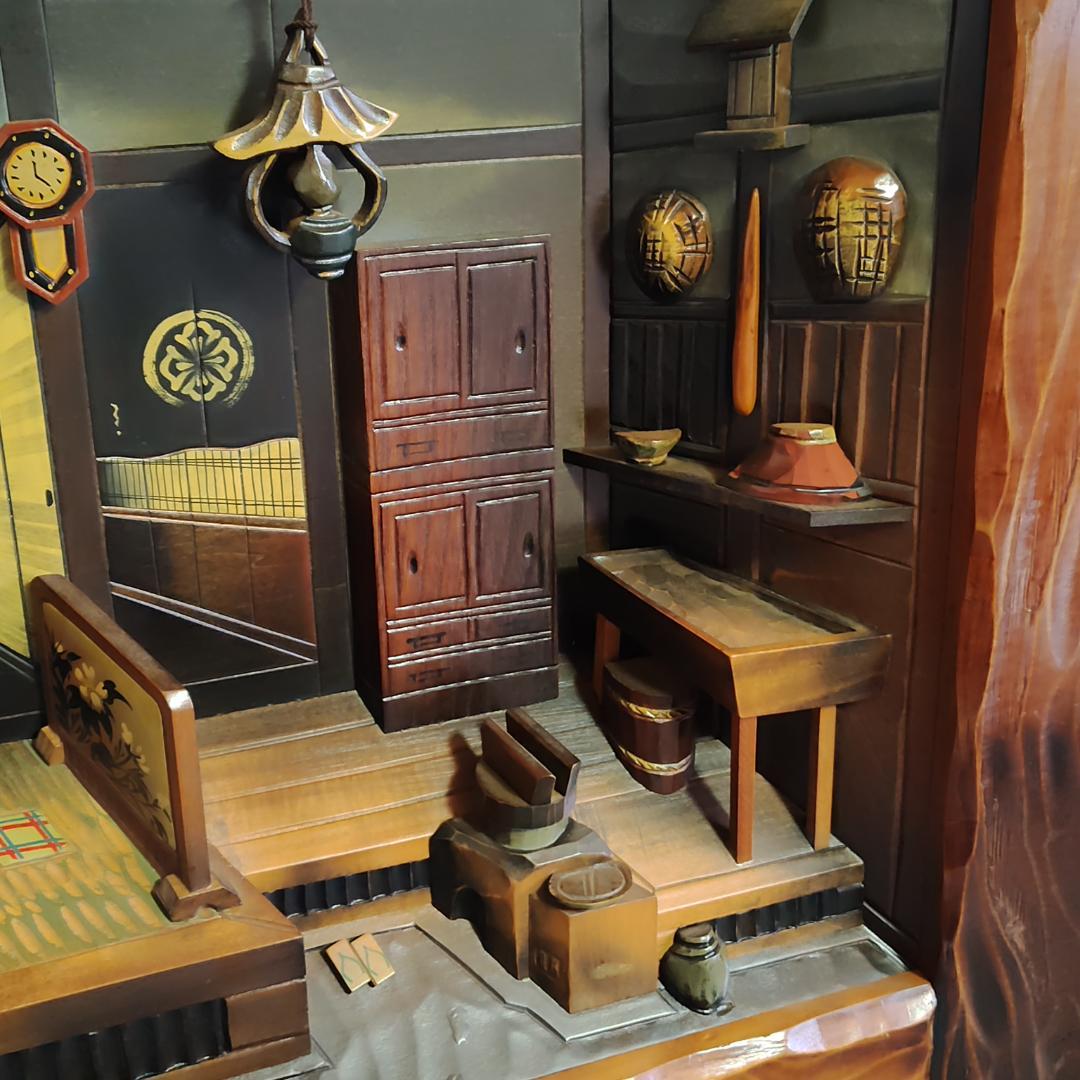 【現状品】 木彫工芸立体額 囲炉裏 遠近法応用額 古民家 壁掛け 一部欠け有り