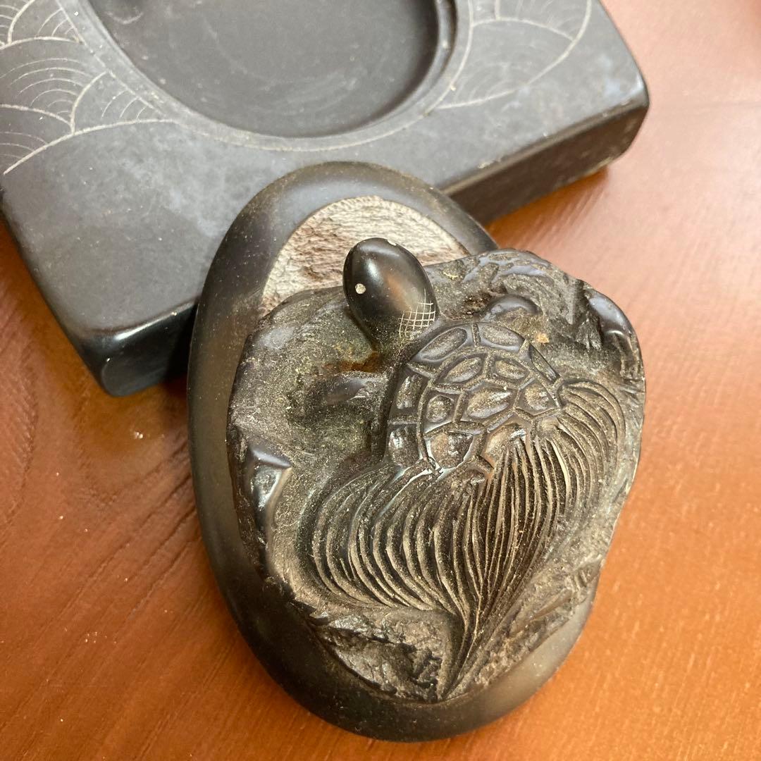 那智黒石製 蓋付き亀彫刻硯石 約20cm x 15cm