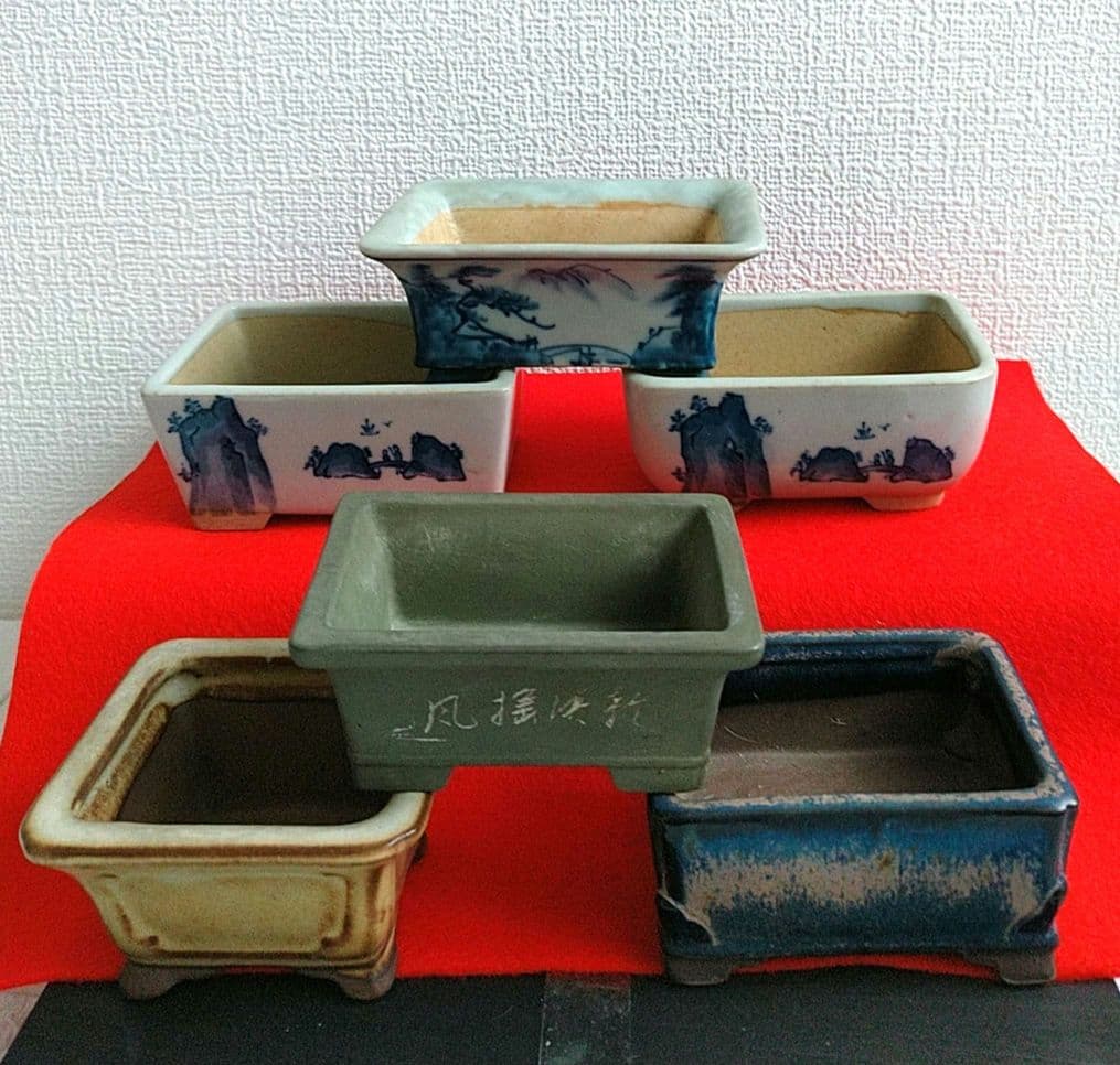 昭和レトロ 豆盆栽鉢 豆鉢 ミニ盆栽 陶器 染付など 6個セット 落款 焼印あり