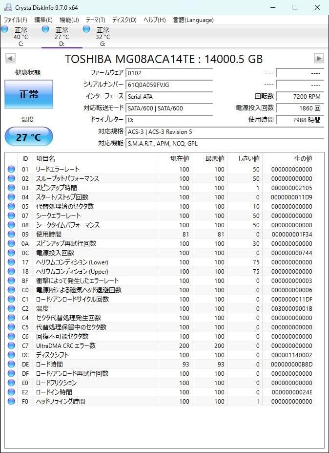 内蔵型ハードディスクドライブ Toshiba MG08ACA14TE 14TB HDD