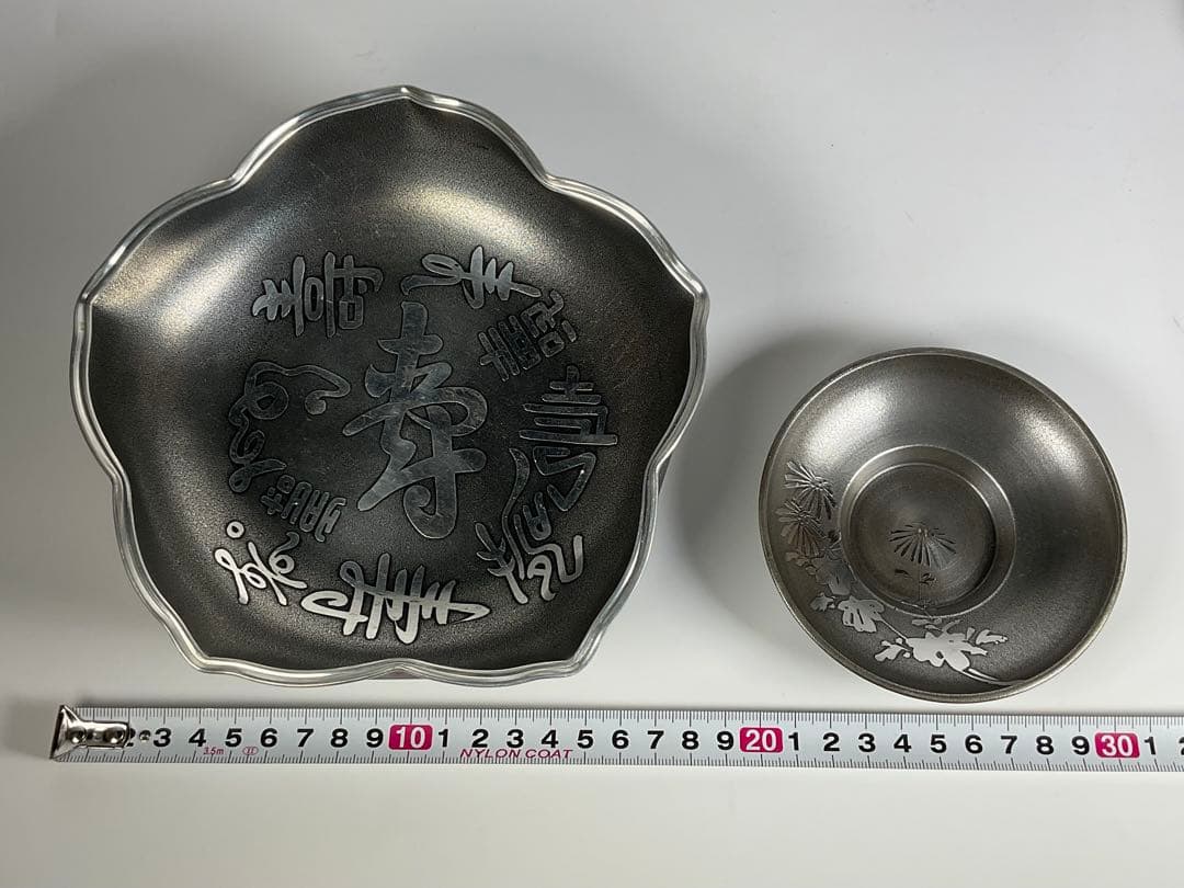 錫　桔梗形菓子器　菊文茶托五客揃　茶道具　煎茶道具