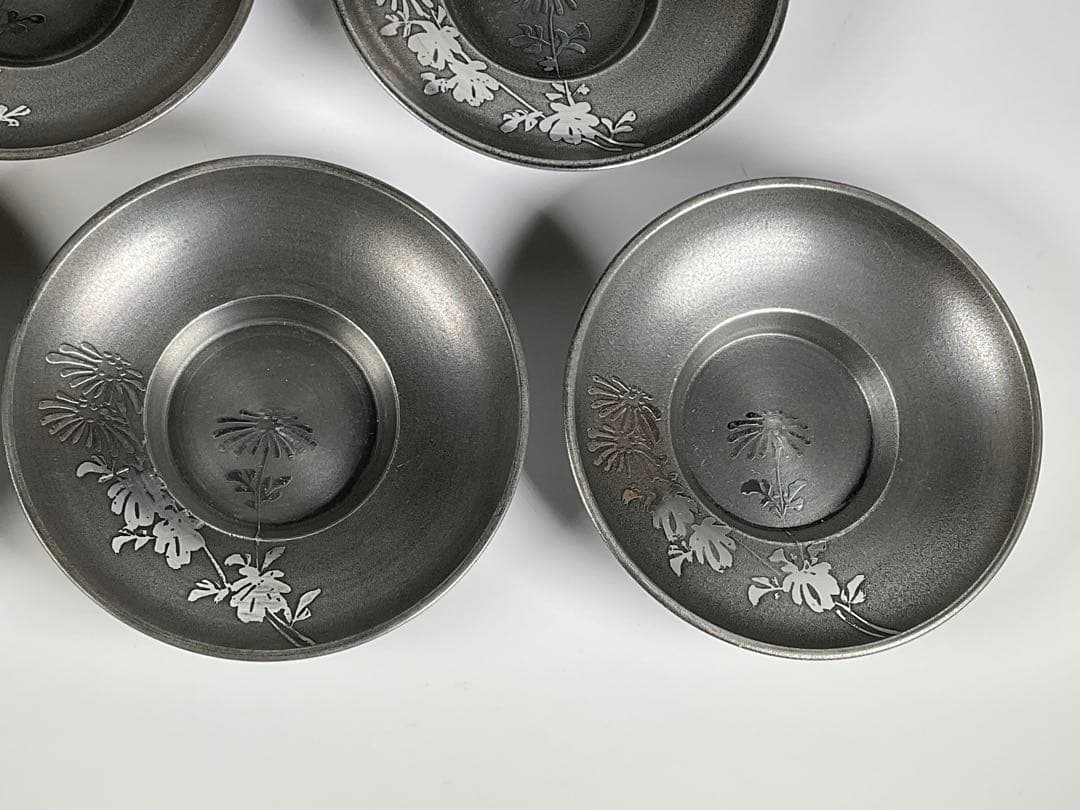 錫　桔梗形菓子器　菊文茶托五客揃　茶道具　煎茶道具