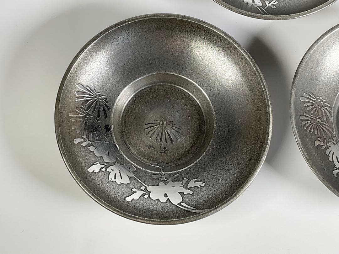 錫　桔梗形菓子器　菊文茶托五客揃　茶道具　煎茶道具