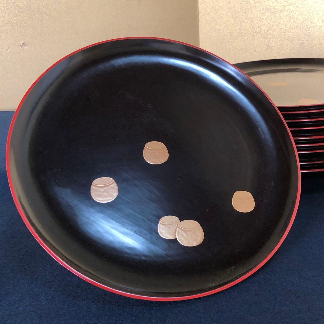 《レ》懐石 黒縁朱 つぼつぼ金蒔絵 丸盆10客 木製漆器 木箱　251030う2