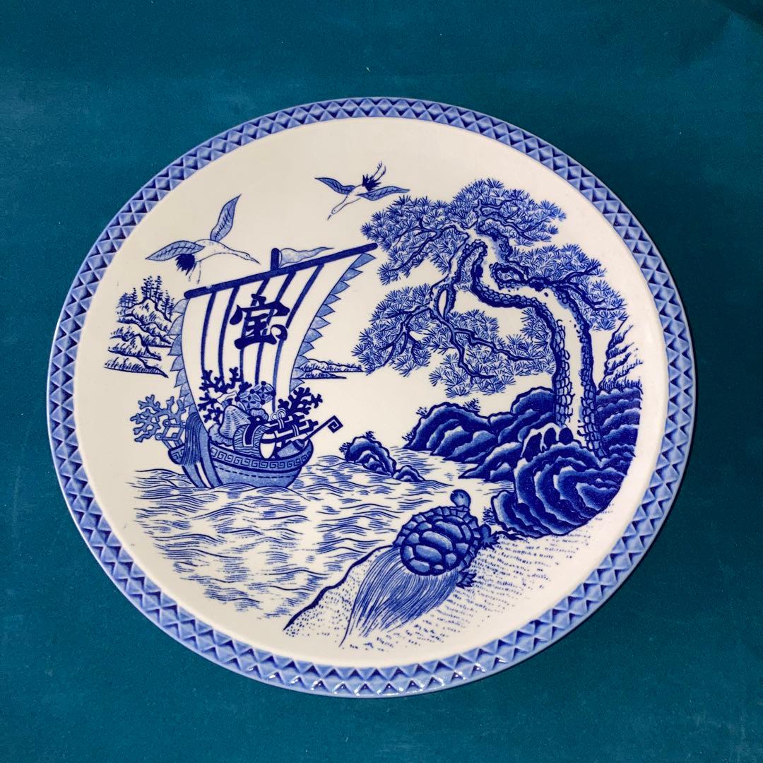 青い海と船の絵柄の陶器皿 約32cm