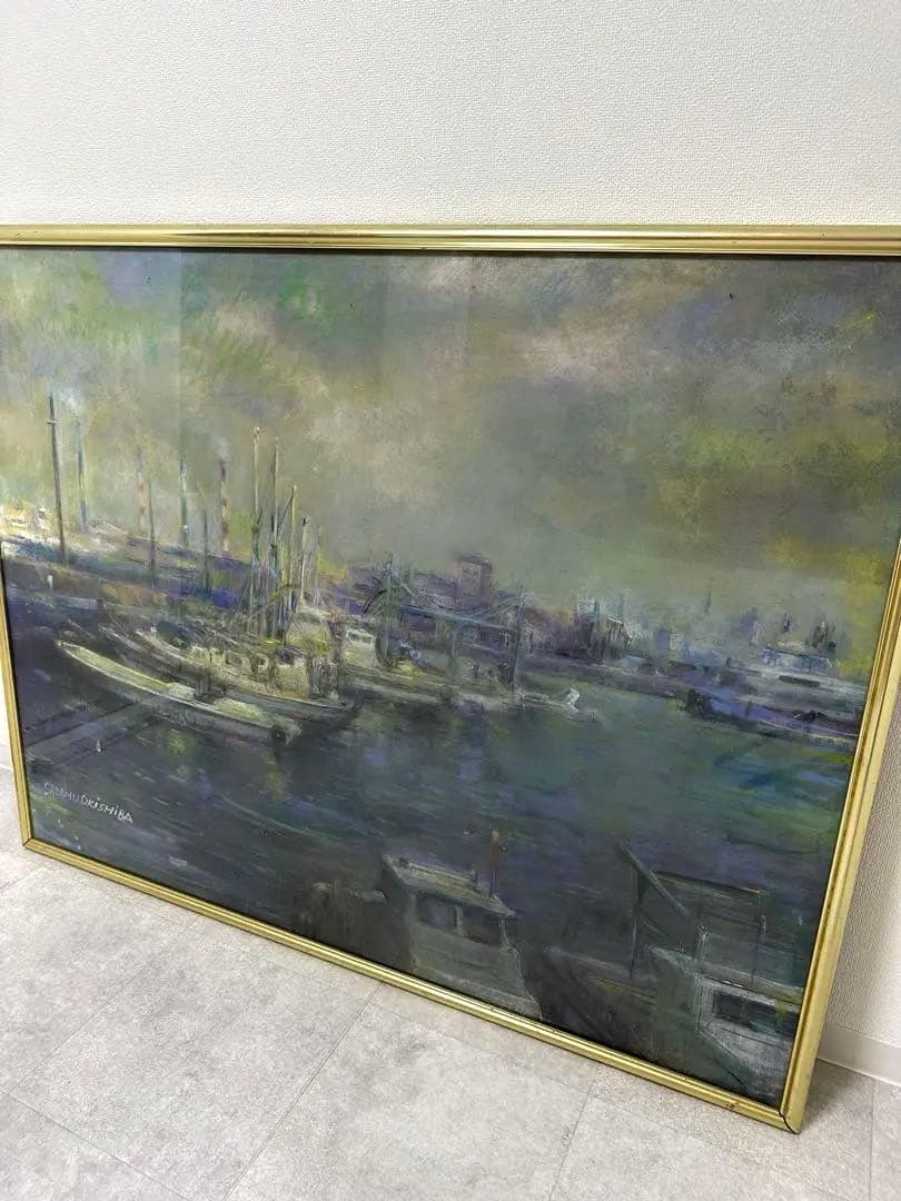 静かな港 油彩画 額装絵画／サインあり／横長大型作品