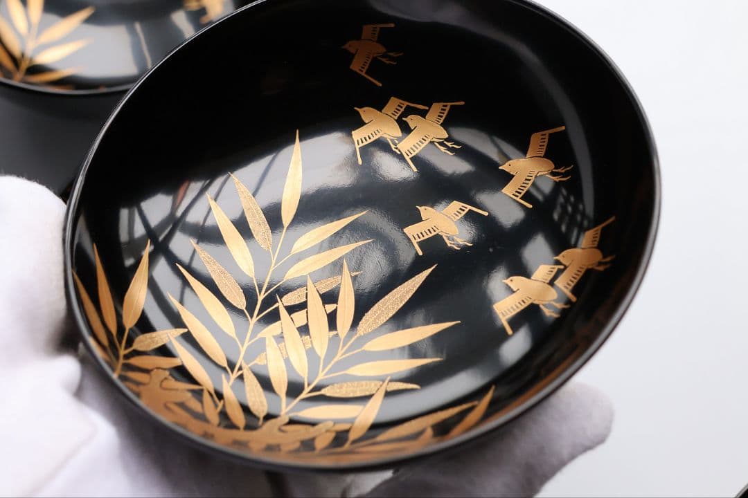 【CM451】天然木漆塗 芦千鳥金蒔絵 艶消黒 吸物椀 五客 昭和 漆芸 漆器