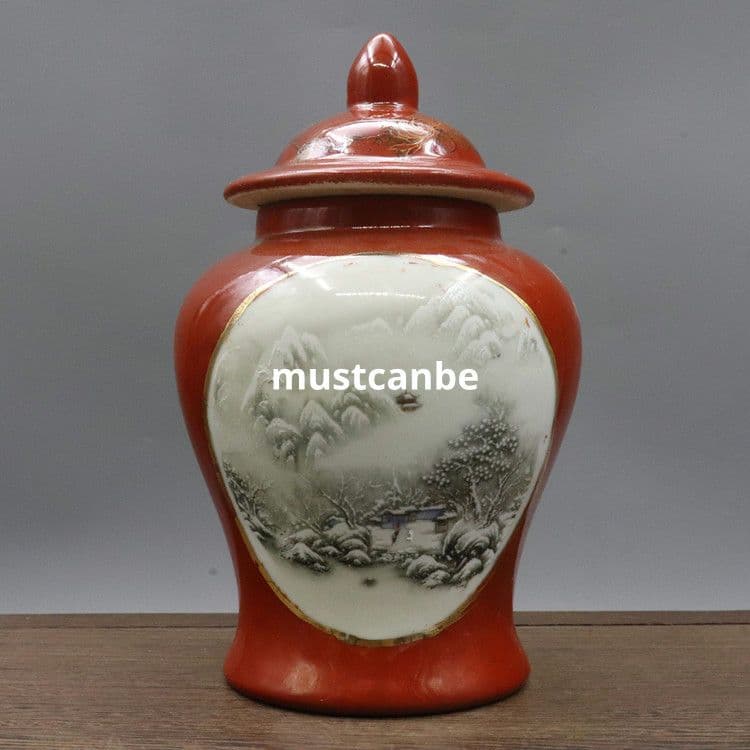 紅釉花鳥雪景紋将軍壺 景徳鎮 陶磁器 装飾品 現代工芸品 美術品 置物