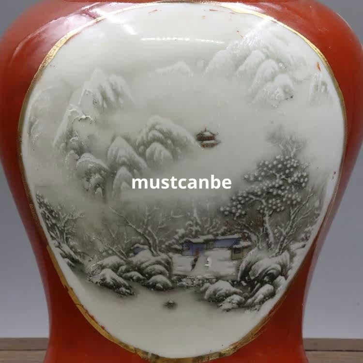 紅釉花鳥雪景紋将軍壺 景徳鎮 陶磁器 装飾品 現代工芸品 美術品 置物