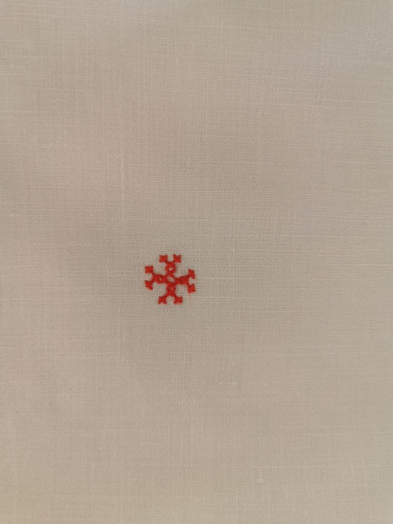 アンティーク ベルギー リネンクロス 赤糸刺繍✛Ｋ ギャルソンエプロン タブリエ