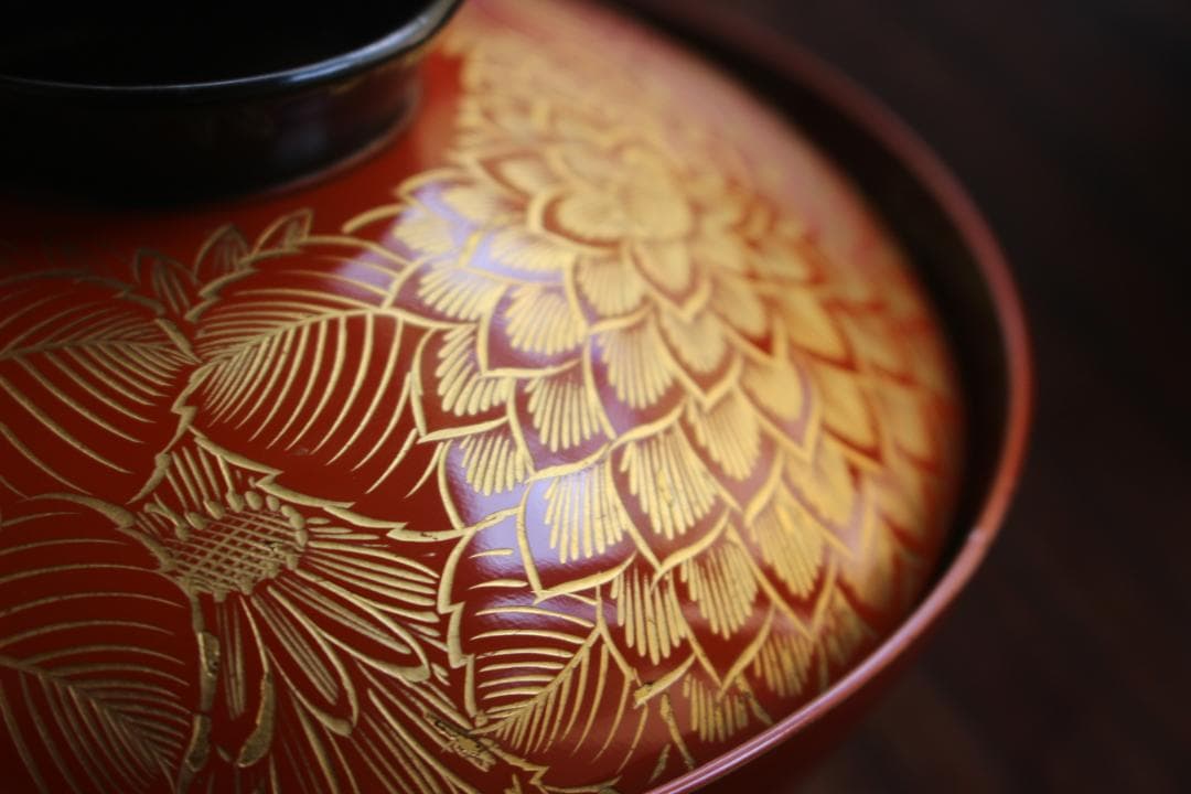デッドストック！上質朱漆に極上菊詰沈金の映えるお椀2点（検輪島塗懐石椀沈金椀
