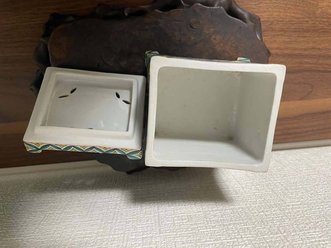 九谷焼 角香炉 鹿摘み 山水図 花鳥図 手描き 古美術 骨董 高さ約16cm