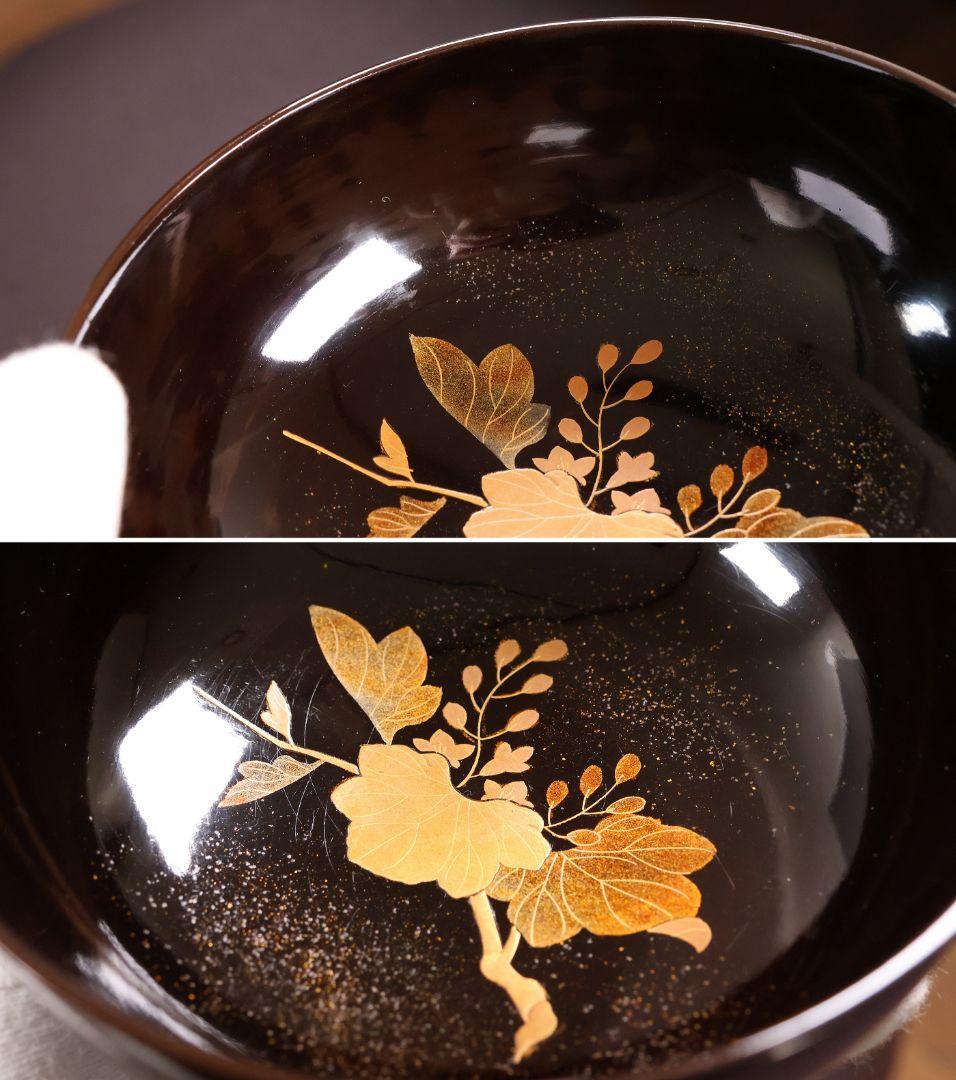 【CM453】輪島塗 天然木漆塗 桐鳳凰金蒔絵 黒塗椀 五客 昭和 漆芸 漆器