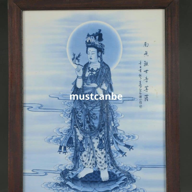 景徳鎮 青花観世音菩薩 陶板画 応接間 茶室 仏堂 掛画 装飾品 工芸品 置物