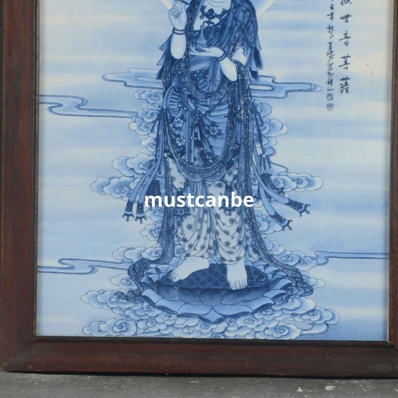 景徳鎮 青花観世音菩薩 陶板画 応接間 茶室 仏堂 掛画 装飾品 工芸品 置物
