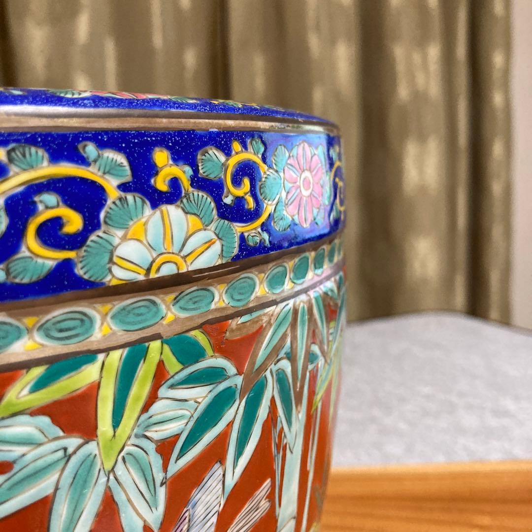 火鉢　赤絵火鉢　手火鉢　有田焼　伊万里焼　メダカ鉢　鉢カバー　竹雀　花鳥　古美術