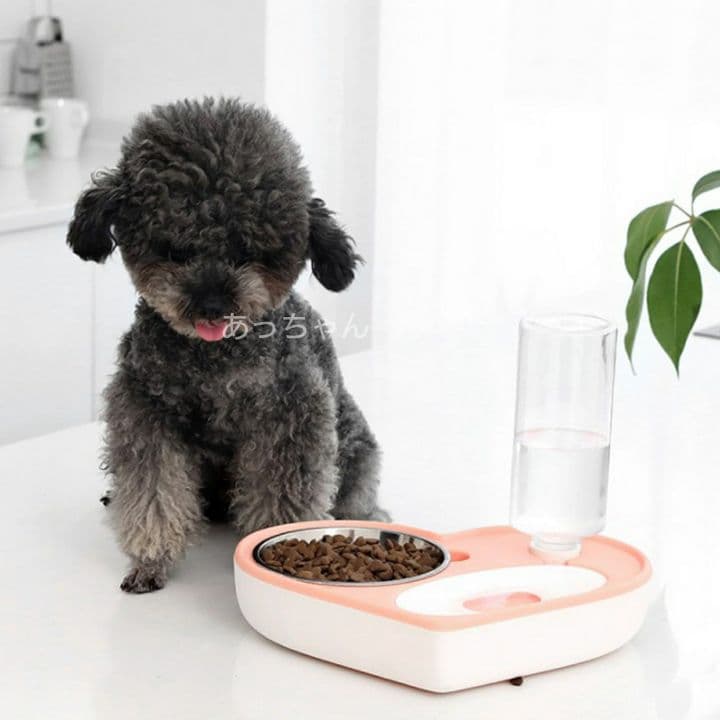 ハート型ペット食事ボウル ピンク 2個 フィーダー給餌器給水器 食器 犬猫 新品