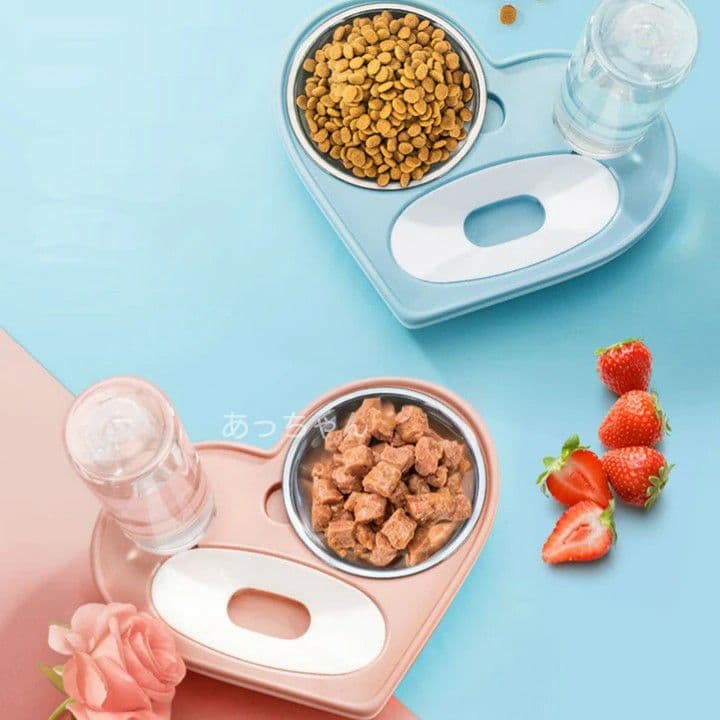 ハート型ペット食事ボウル ピンク 2個 フィーダー給餌器給水器 食器 犬猫 新品
